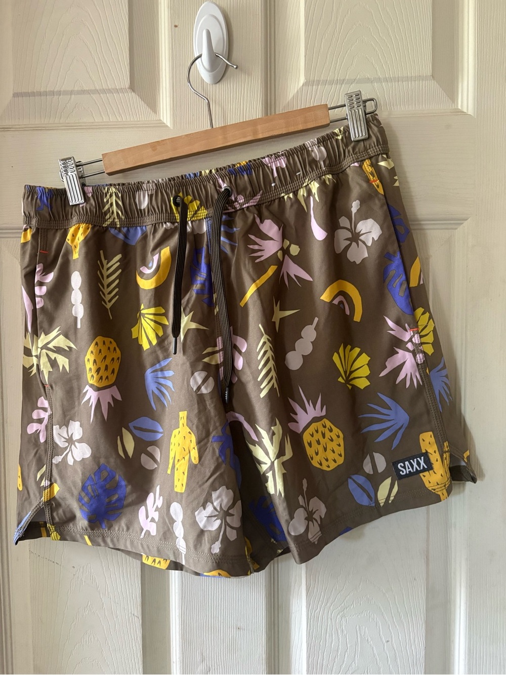 SAXX Brown Tropical Print Shorts with Yellow & Blue Accents. Lined